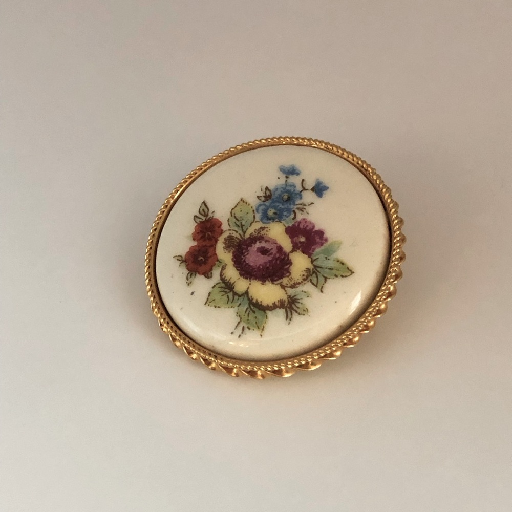 Vintage Hand Painted Ceramic Oval Floral Flowers Brooch Made In Italy